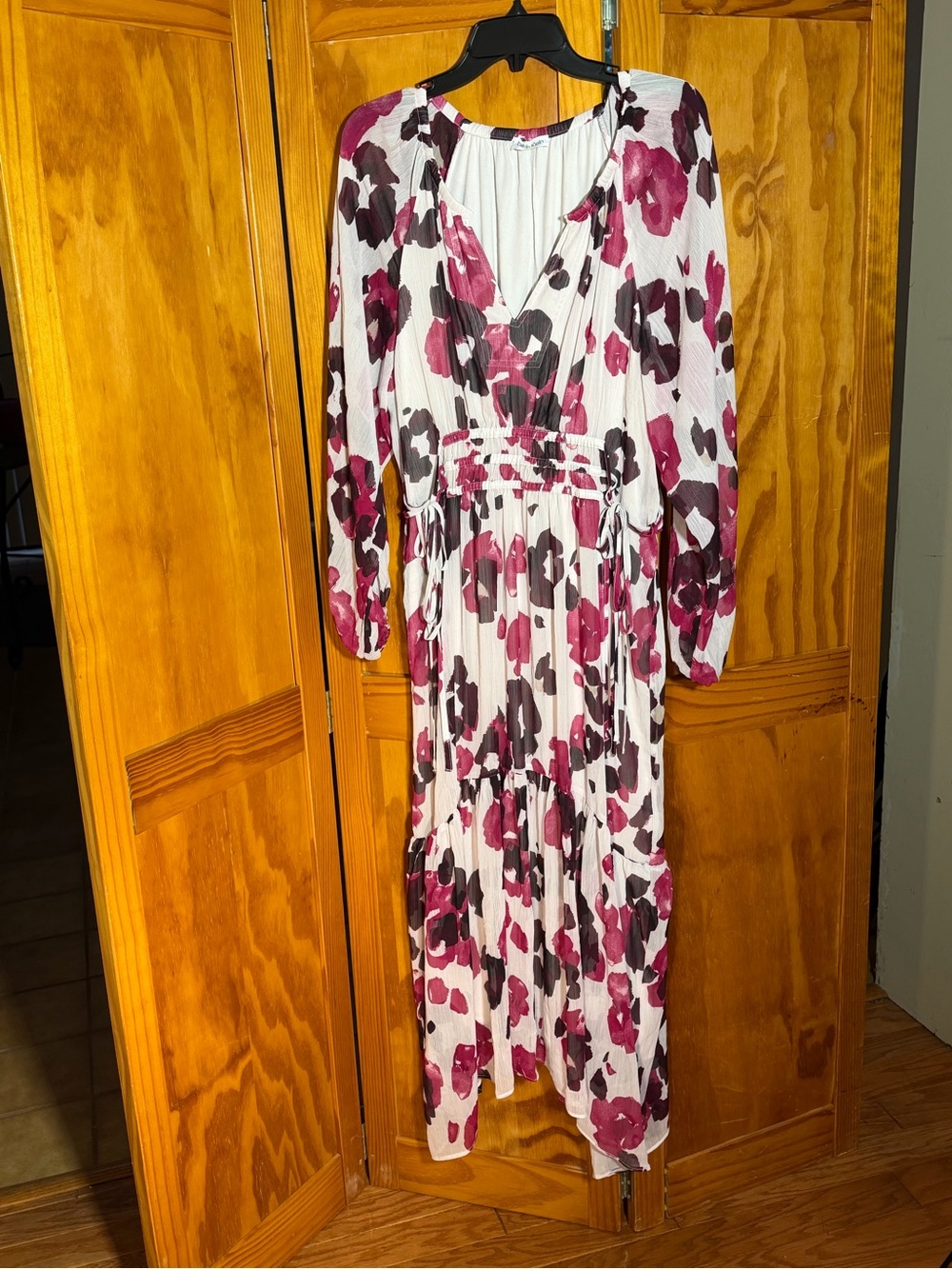 Calvin Klein White Boho Maxi Dress with Magenta and Plum Floral Print|Sz L-XL